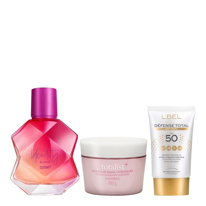KIT MIXTO IDENTITY BLOOM + PROTECTOR SOLAR FACIAL + CREMA FACIAL CONCHA DE NACAR